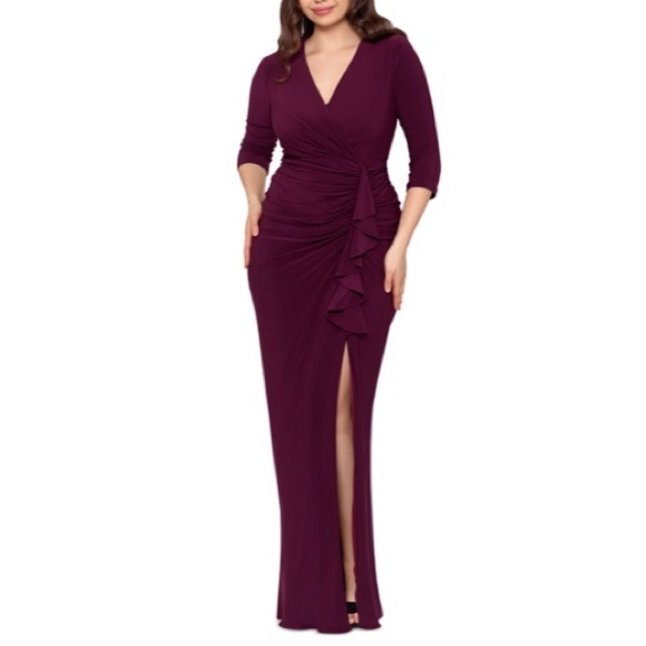 NWT Betsy and Adam Aubree Ruched Ruffle Long Sleeve V Neck Jersey Wrap Gown - Picture 2 of 16